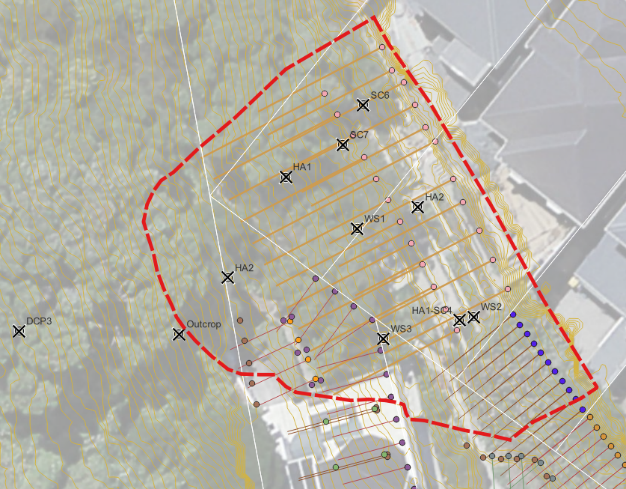 QGIS project map showing slope geometry and boreholes