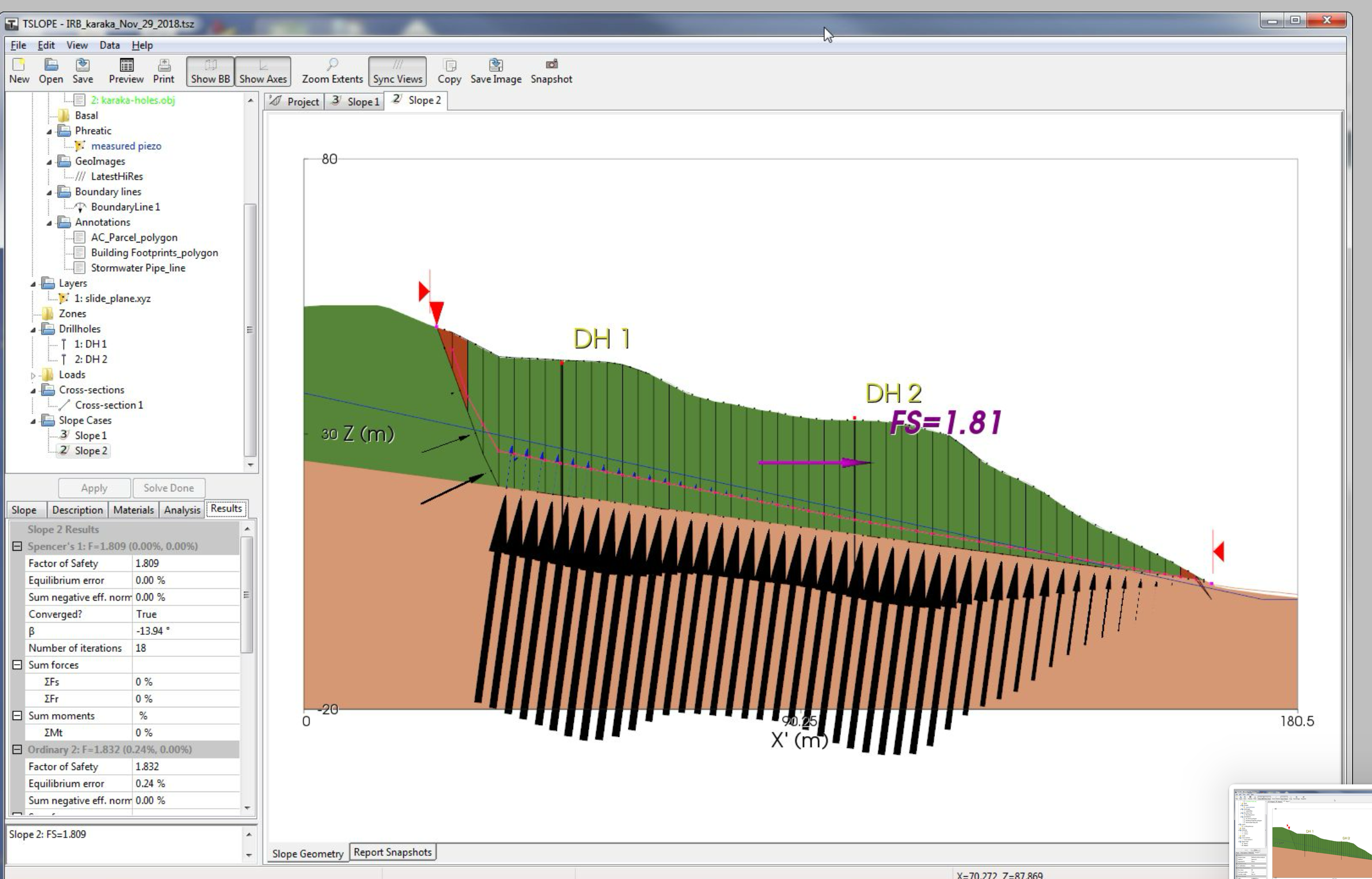 2D slope stability result for Karaka Bay with factor of safety 1.81