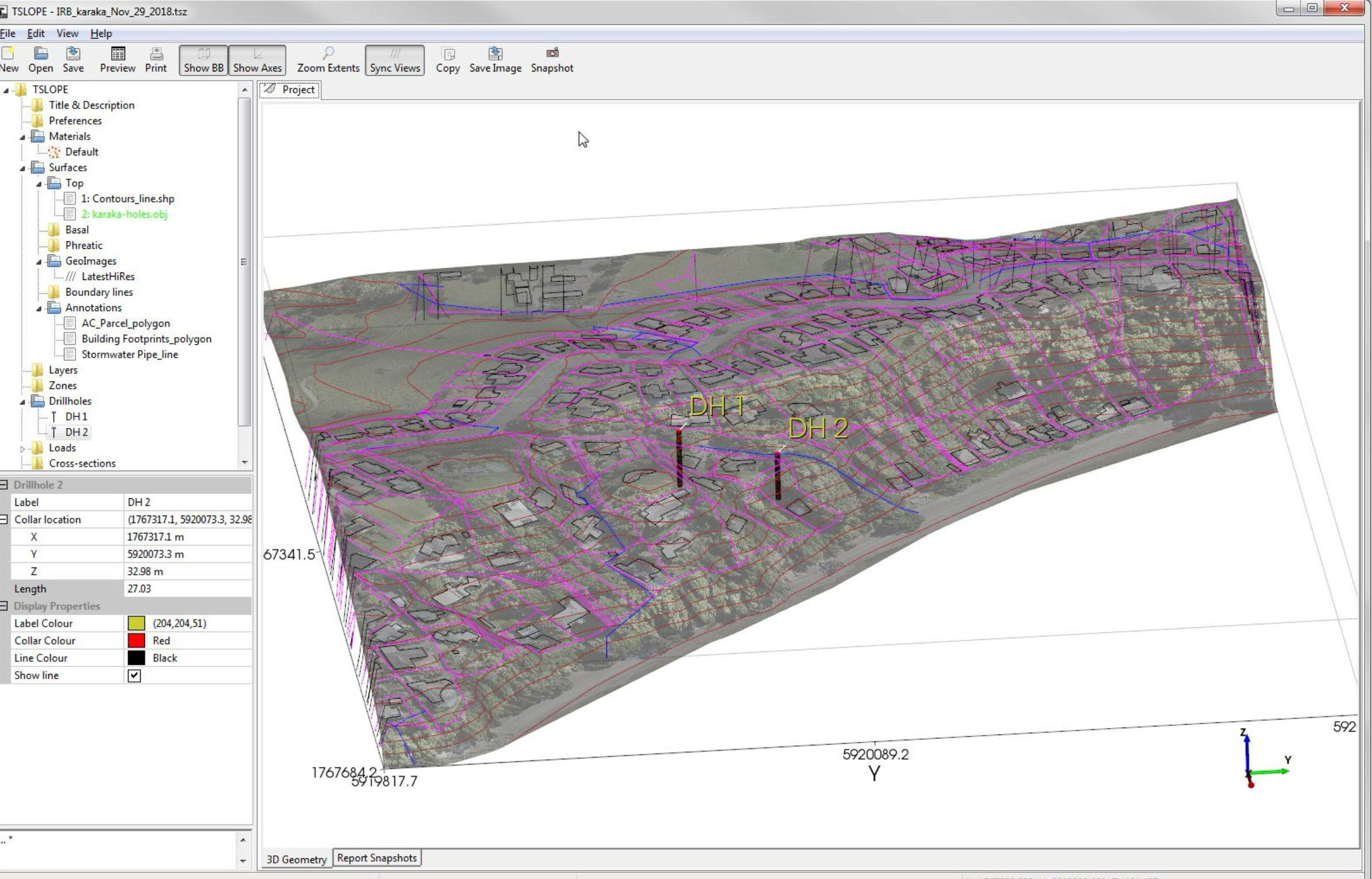 Drillholes inserted into Karaka Bay TSLOPE model