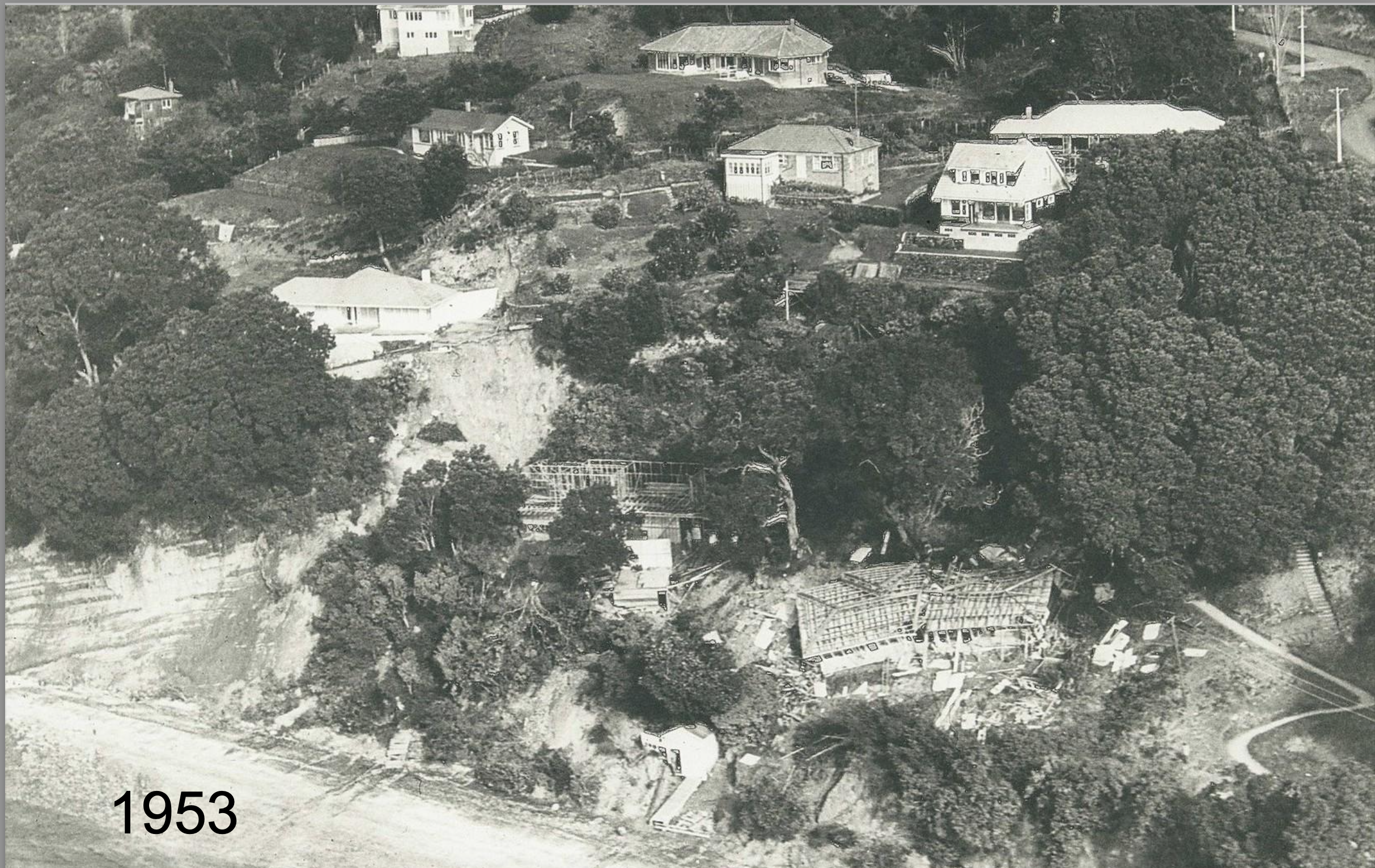 Historical landslide photo of Karaka Bay from 1953