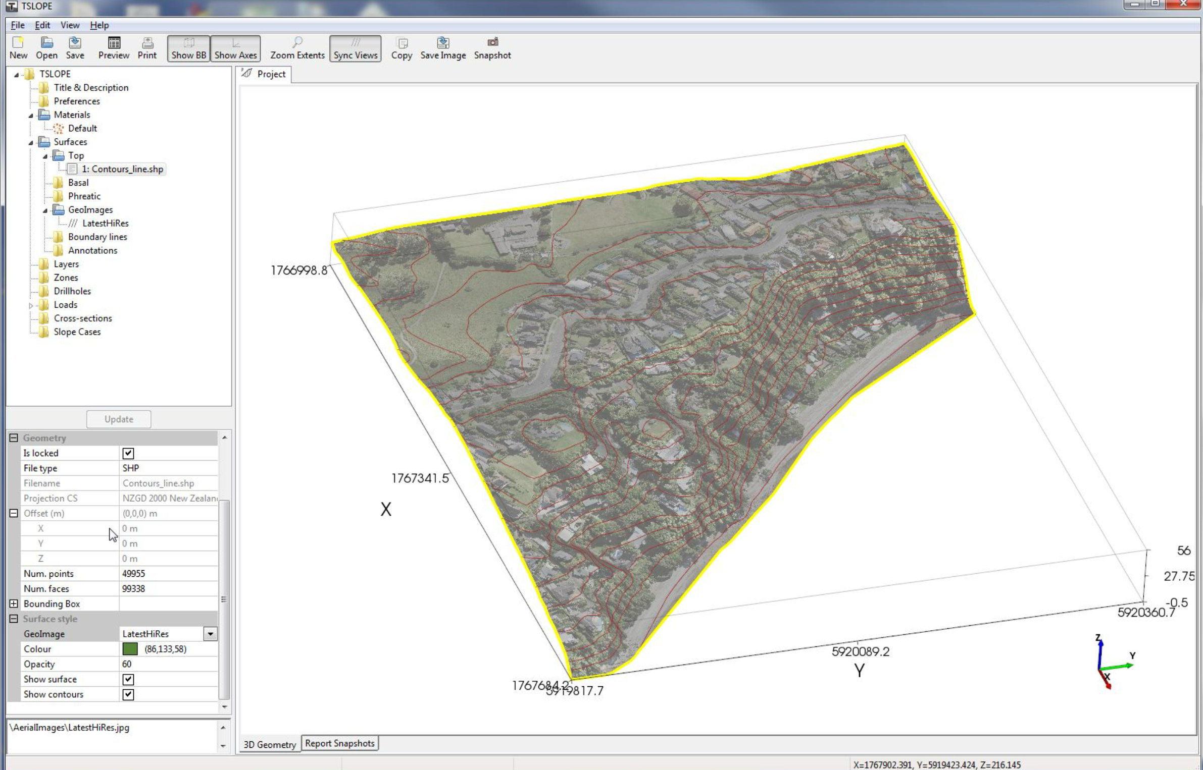 Imported terrain model for Karaka Bay in TSLOPE