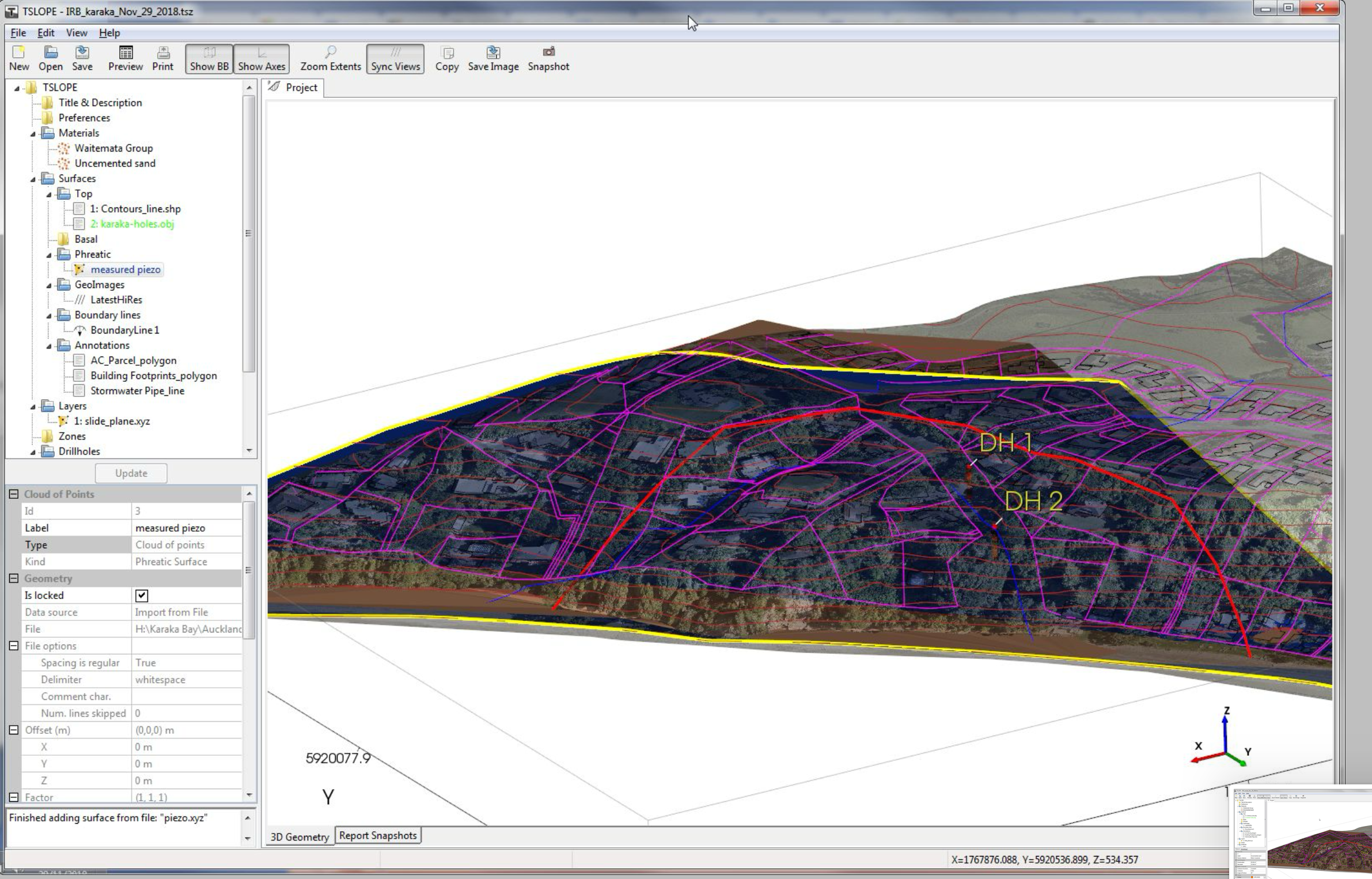 Phreatic surface model in TSLOPE for Karaka Bay slope