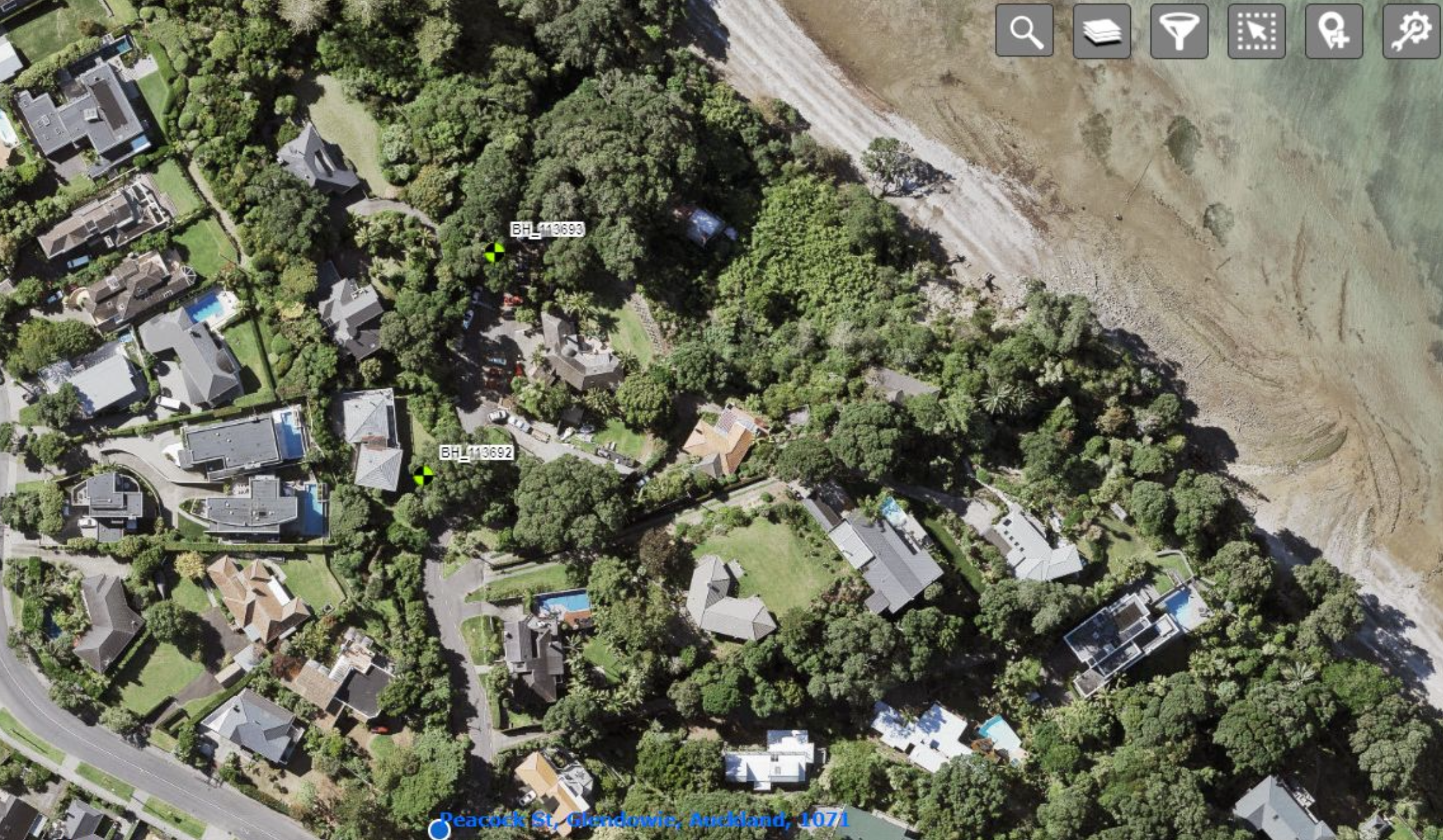 Aerial view of Karaka Bay site with borehole locations marked