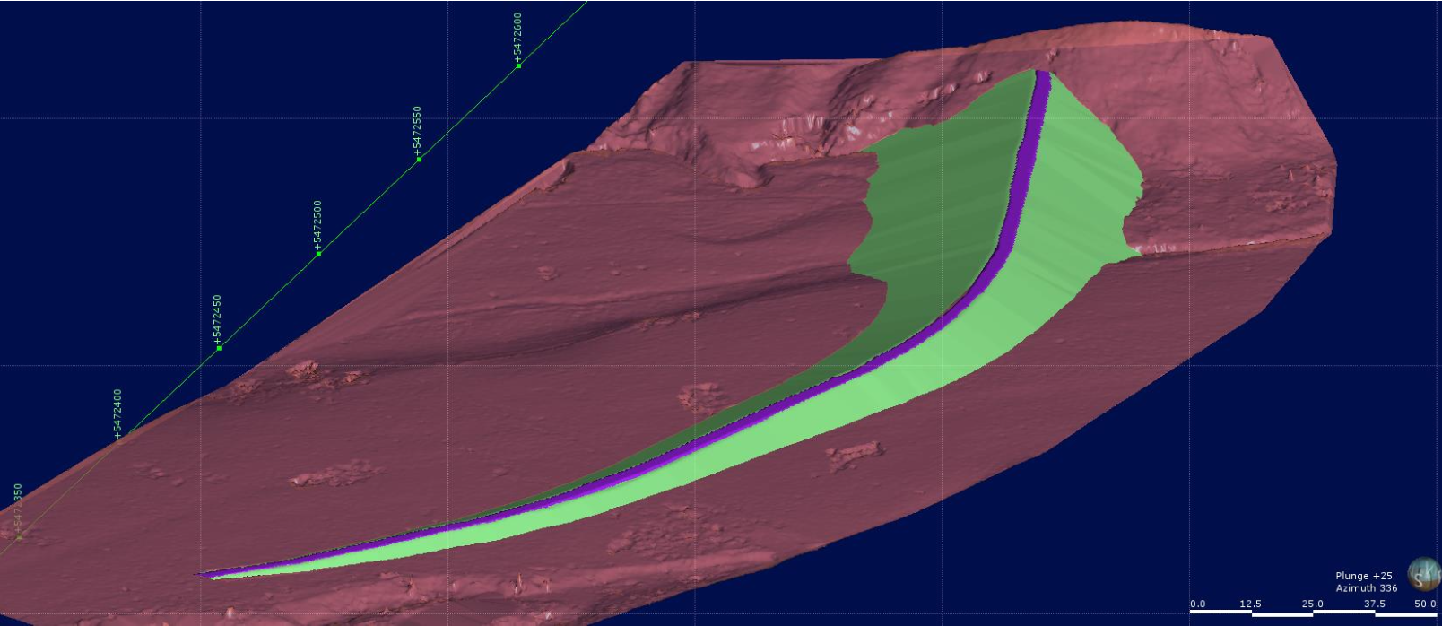 Leapfrog model of zoned earth fill dam with reservoir area