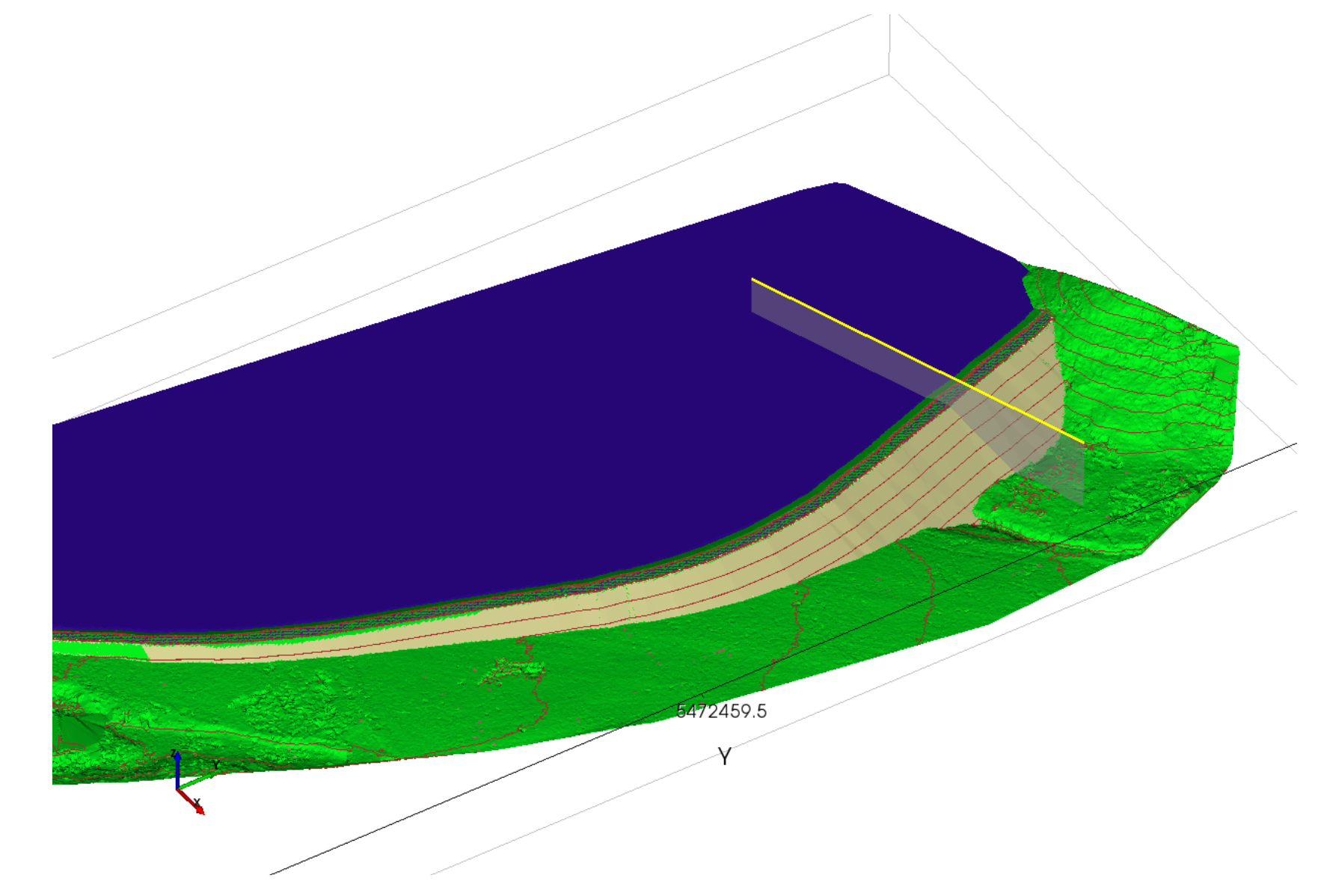 TSLOPE model of dam with reservoir showing plane of cross section