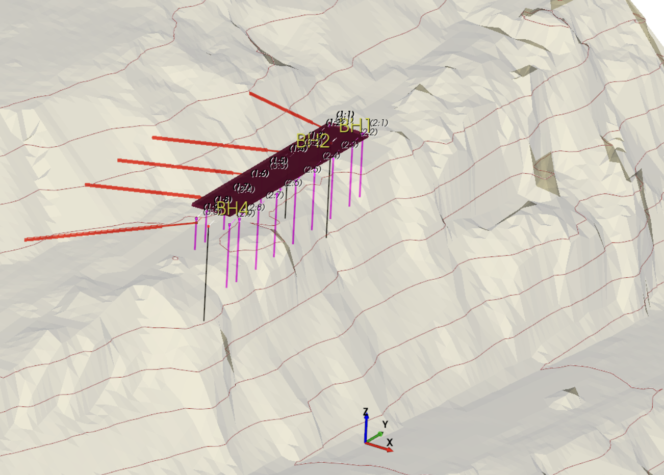 TSLOPE 3D terrain model showing a reinforced hillside with piles, ground anchors and a proposed concrete deck